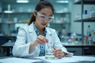 Étudiante en chimie mesurant une solution dans un bécher en laboratoire pour un exercice de calcul de concentration