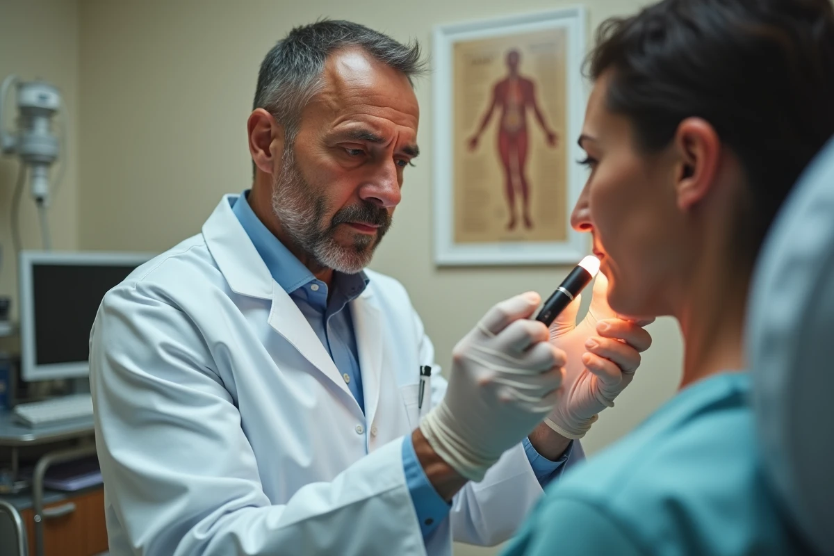 Médecin examinant un œdème de Quincke sur la lèvre supérieure d'un patient en milieu hospitalier