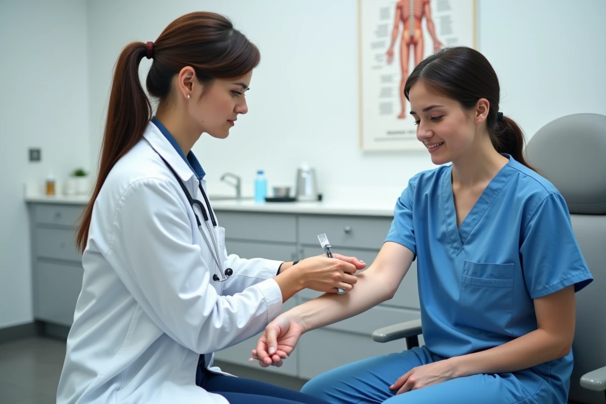 Médecin réalisant un examen neurologique du bras d'une patiente dans un cabinet médical pour diagnostiquer des fourmillements ou des troubles de la sensibilité