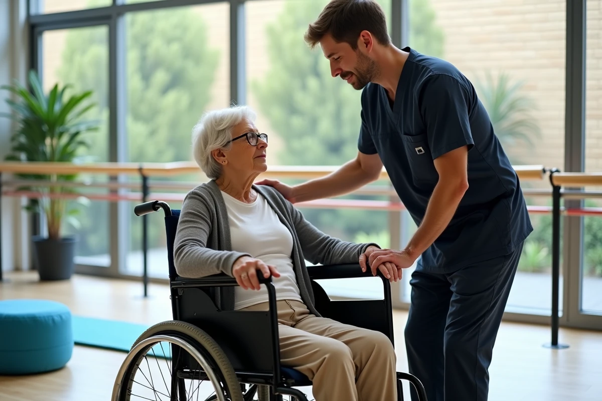Kinésithérapeute guidant une patiente en fauteuil roulant adapté lors d'exercices de décharge du sacrum en salle de rééducation