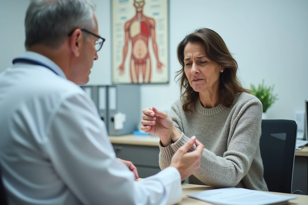 Femme d'âge moyen décrivant une douleur à la main lors d'une expertise médicale pour algodystrophie