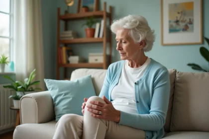 Femme agee se massant le genou dans un salon lumineux