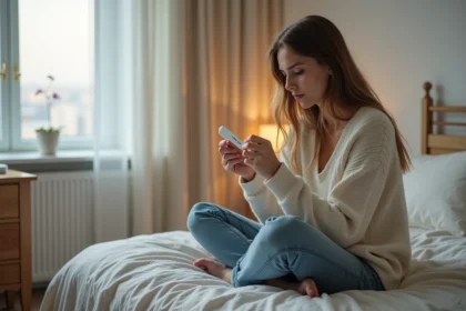 Femme regardant un test de grossesse dans un lit cosy