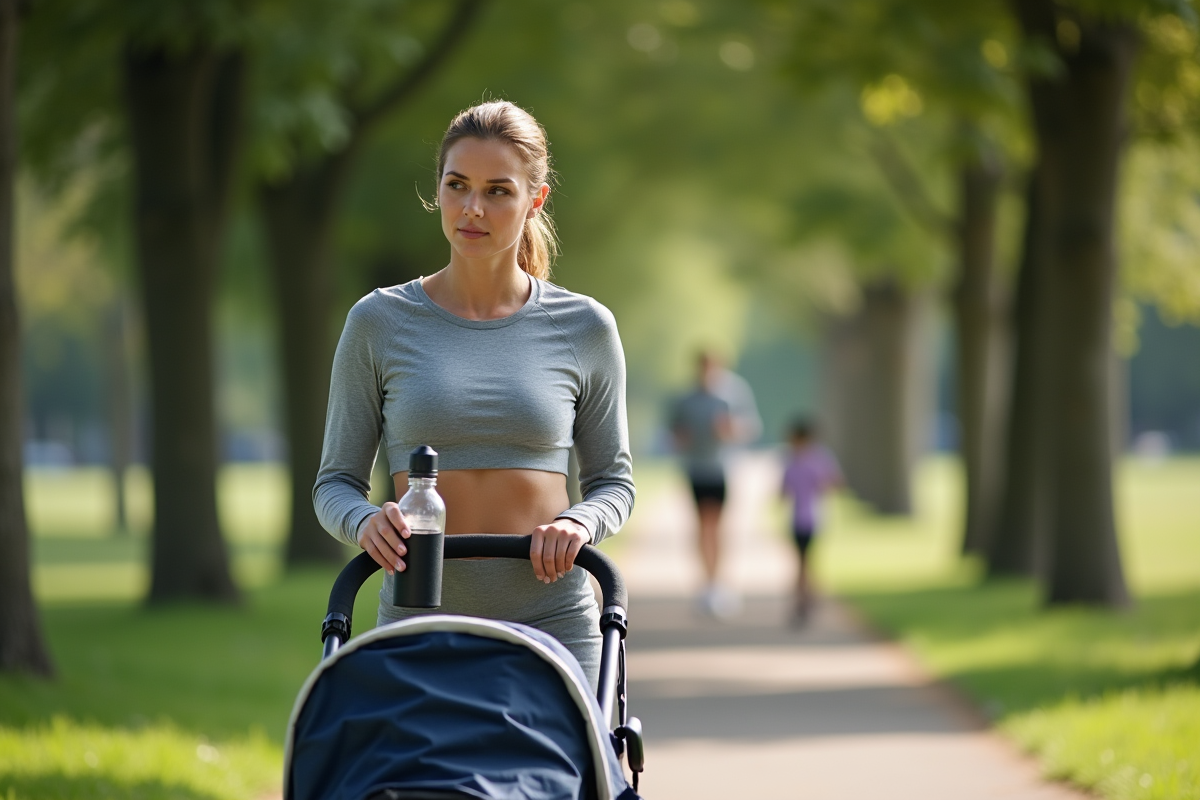 Femme marchant avec poussette dans un parc calme