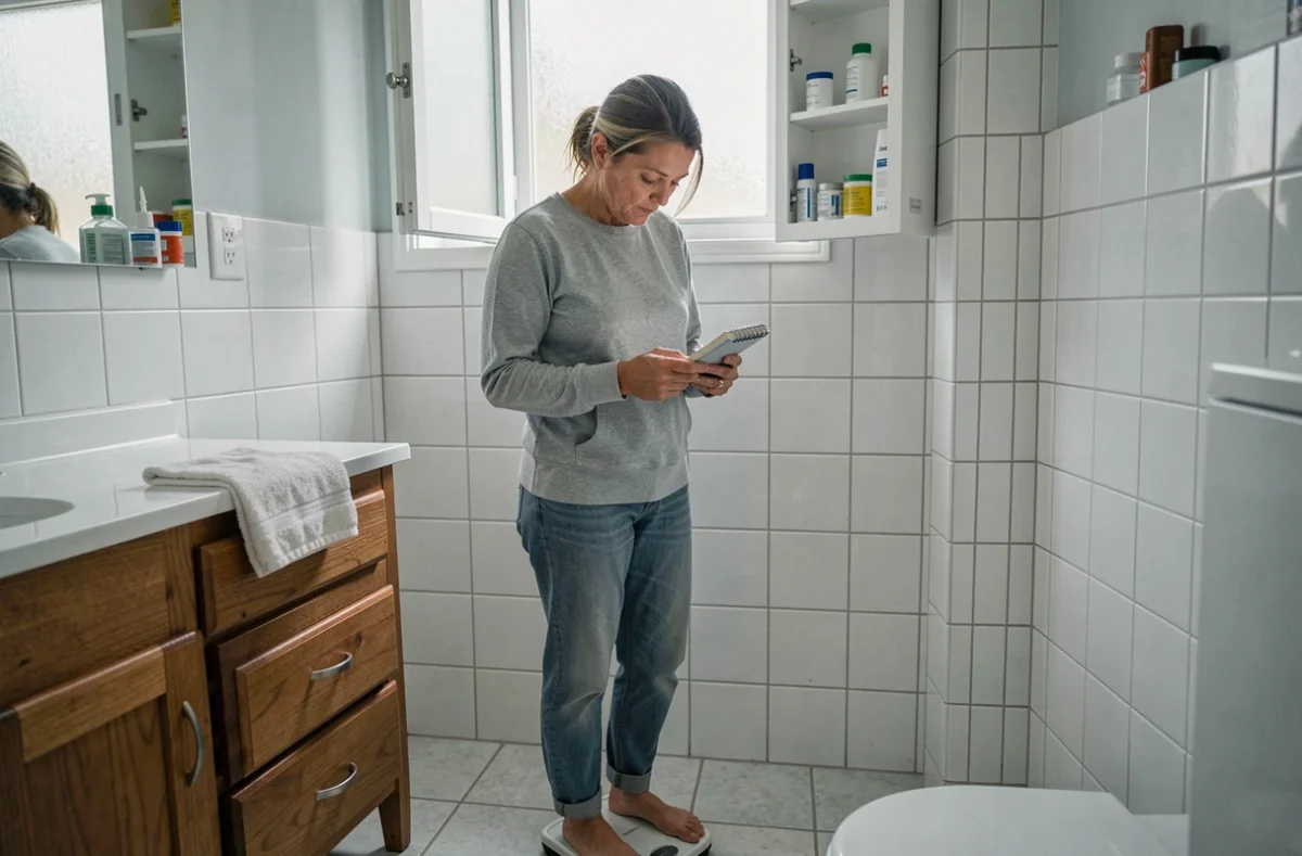 Femme d'âge mûr se pesant sur une balance dans sa salle de bain tout en consultant ses notes de santé personnelles
