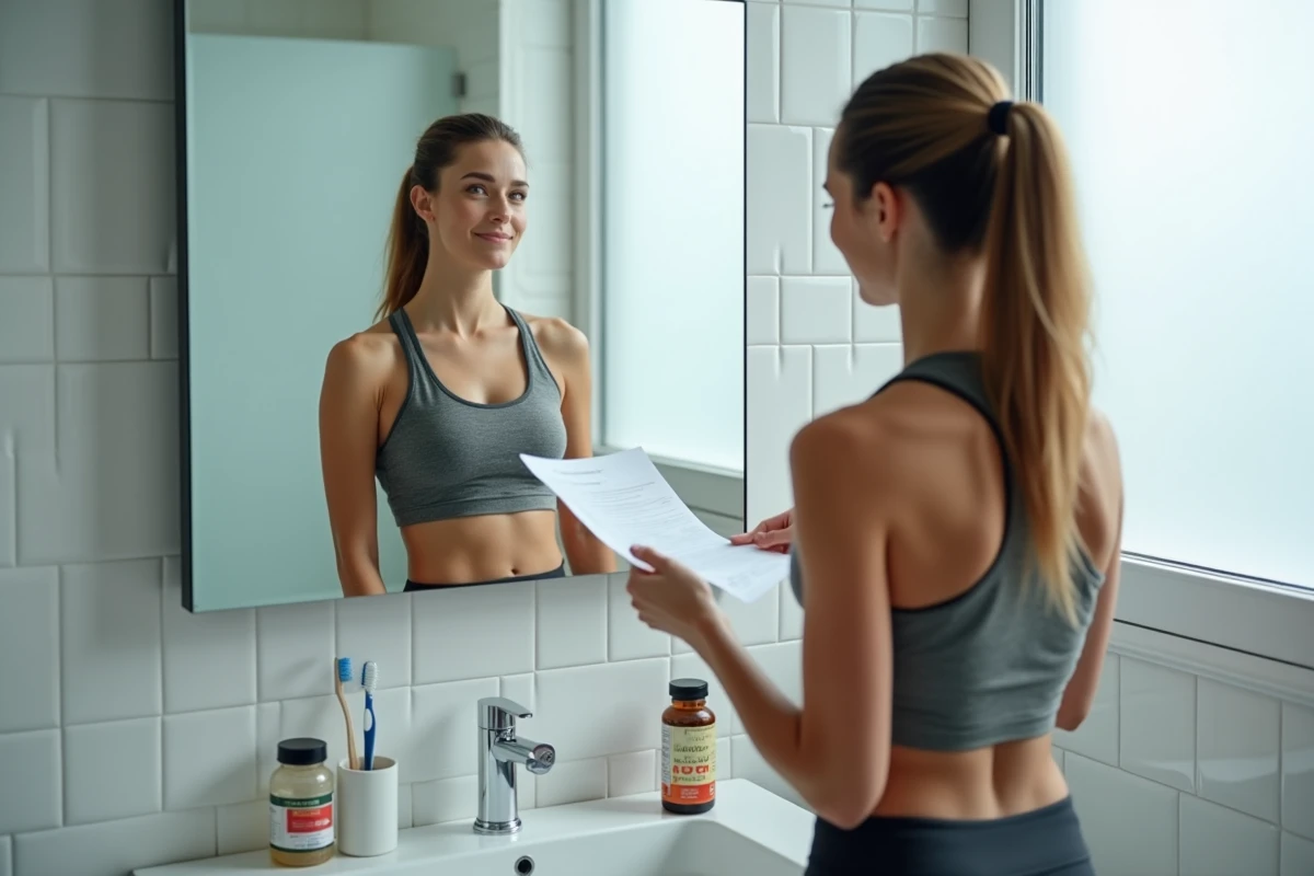 Femme consultant un bilan sanguin dans sa salle de bain avec compléments alimentaires et bouteille d'eau dans le cadre d'un plan de 10 jours pour baisser le CDT
