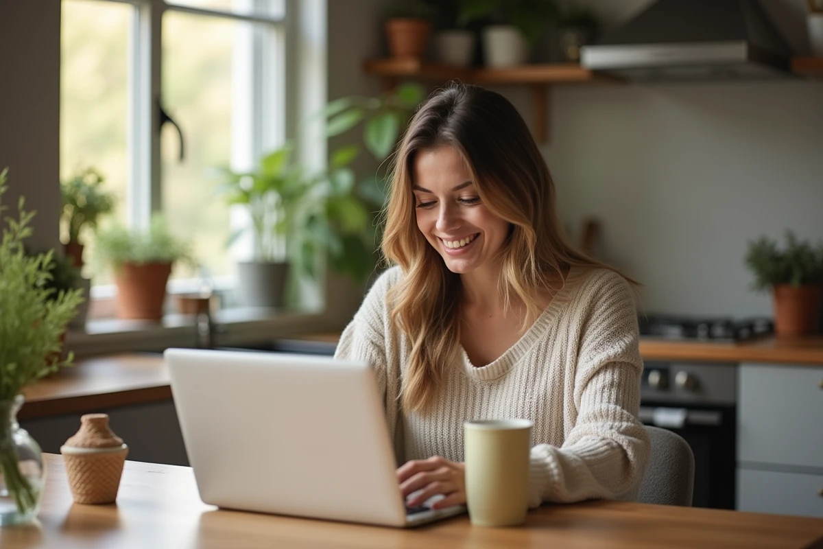 Femme souriante travaillant sur son blog dans une cuisine lumineuse