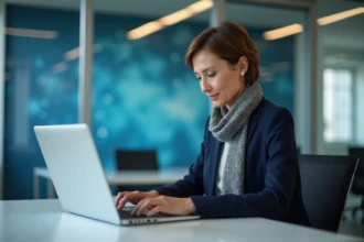 Femme en bureau avec ordinateur et graphiques santé