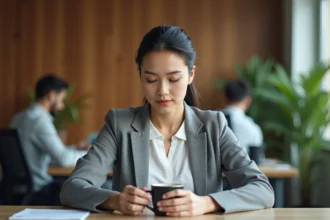 Femme cadre en pause zen dans un bureau moderne pour illustrer la gestion du stress en entreprise grâce à la santé au travail
