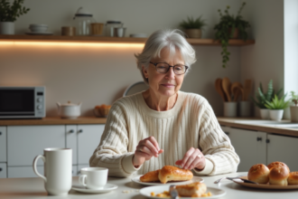 Femme méditative dégustant des pâtisseries dans une cuisine chaleureuse