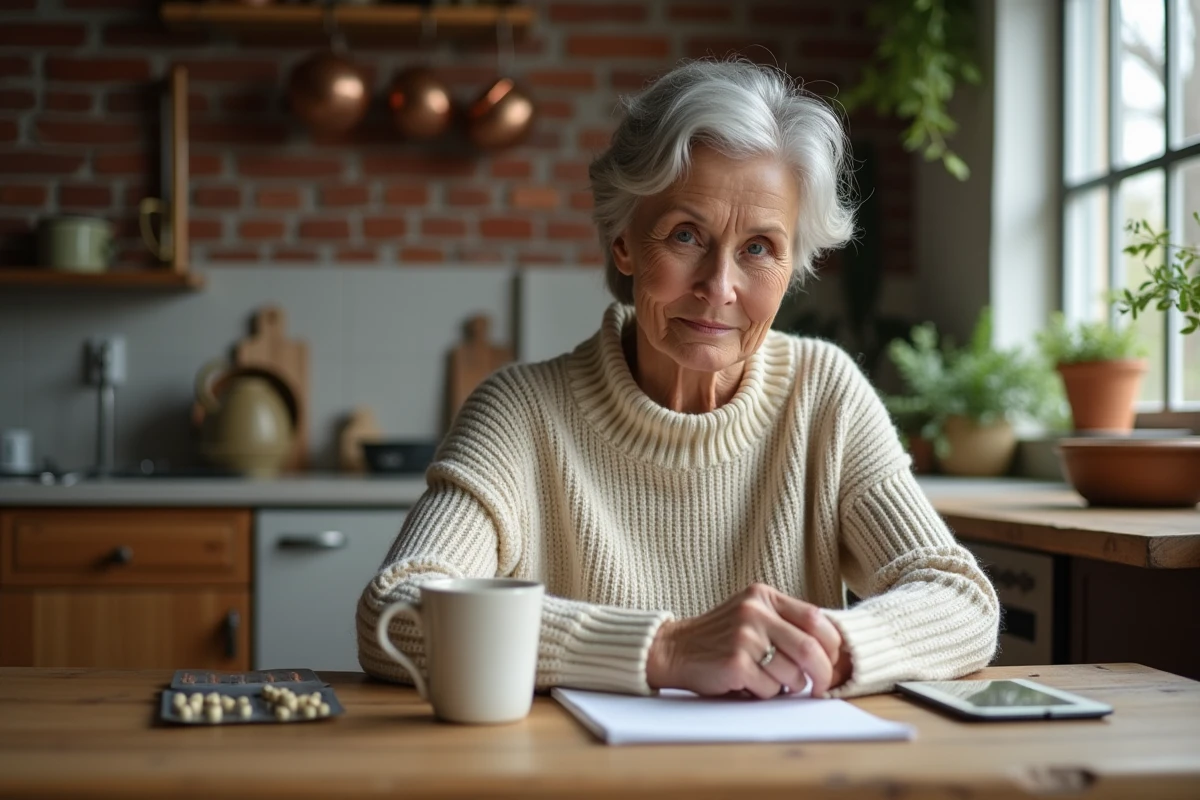 Femme de 50 ans avec des compléments alimentaires à sa table de cuisine, symbolisant la gestion du métabolisme féminin après la quarantaine
