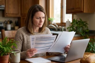 Femme concentrée comparant des documents d'assurance santé