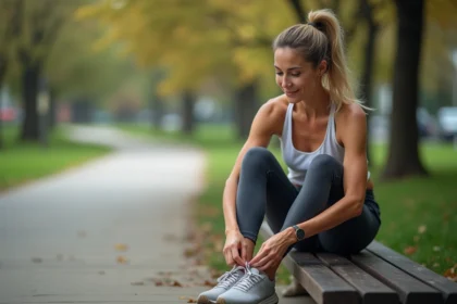 Femme sportive attachant ses chaussures dans un parc