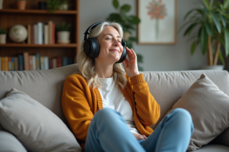 Femme d'âge moyen écoute musique avec casque dans un salon cosy