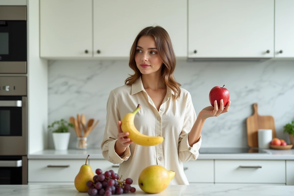 Femme comparant une banane et une pomme dans une cuisine moderne avec poire et raisin posés sur le comptoir