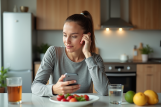 Femme assise à la cuisine en pleine réflexion avec smartphone