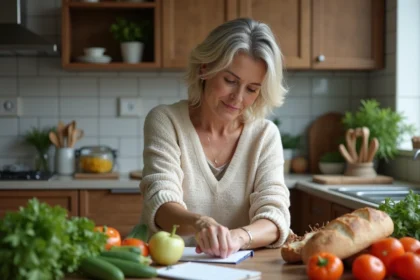 Femme moyenne âge arrangeant légumes frais dans la cuisine