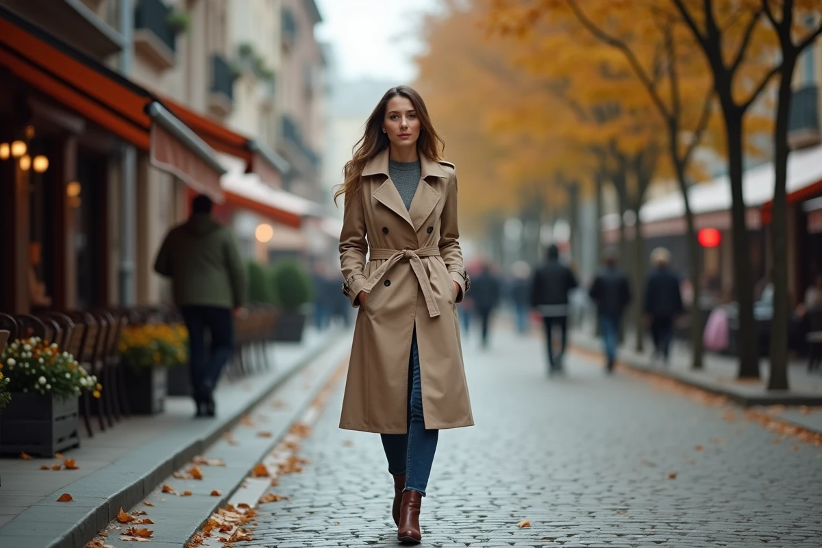 Femme marchant seule avec détermination dans une rue pavée en automne, symbolisant la reprise de contrôle et la libération d'une emprise psychologique narcissique