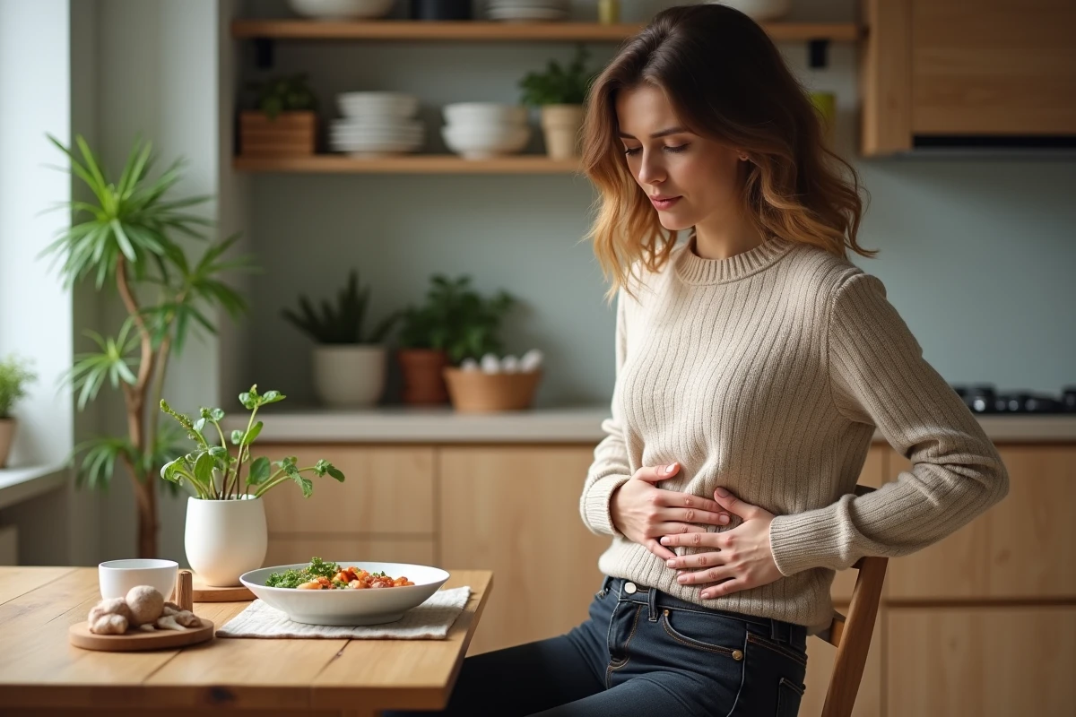 Femme en cuisine avec douleur abdominale après repas