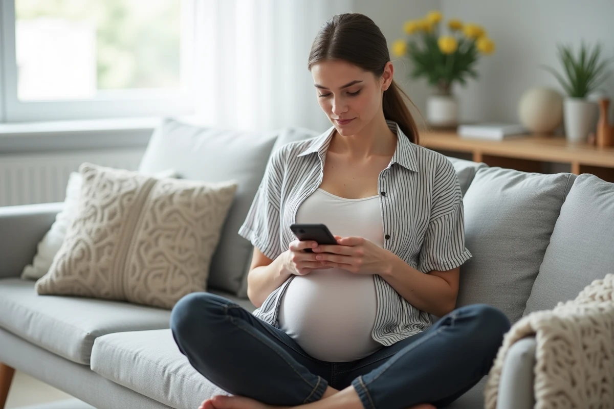 Femme enceinte utilisant une application smartphone pour calculer son terme de grossesse depuis son canapé