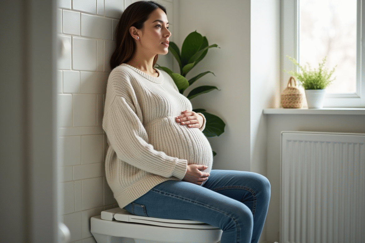 Femme enceinte assise sur les toilettes dans une salle de bain moderne