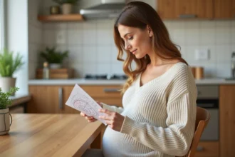 Femme enceinte calculant sa date prévue d'accouchement avec une roue obstétricale sur une table en bois