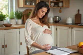 Femme enceinte à terme consultant un calendrier pour calculer la date prévue d'accouchement