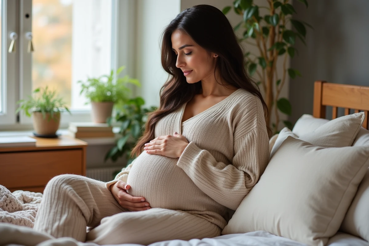 Femme enceinte assise dans une chambre lumineuse et chaleureuse