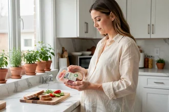 Femme enceinte lisant l'étiquette d'un paquet de charcuterie dans une cuisine moderne