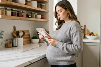 Femme enceinte lisant l'étiquette d'un paquet de charcuterie dans une cuisine moderne