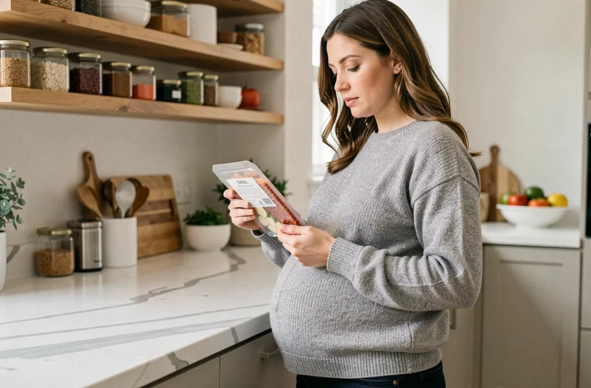 Femme enceinte lisant l'étiquette d'un paquet de charcuterie dans une cuisine moderne