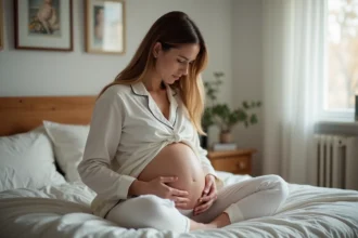 Femme enceinte se massant la jambe dans la chambre