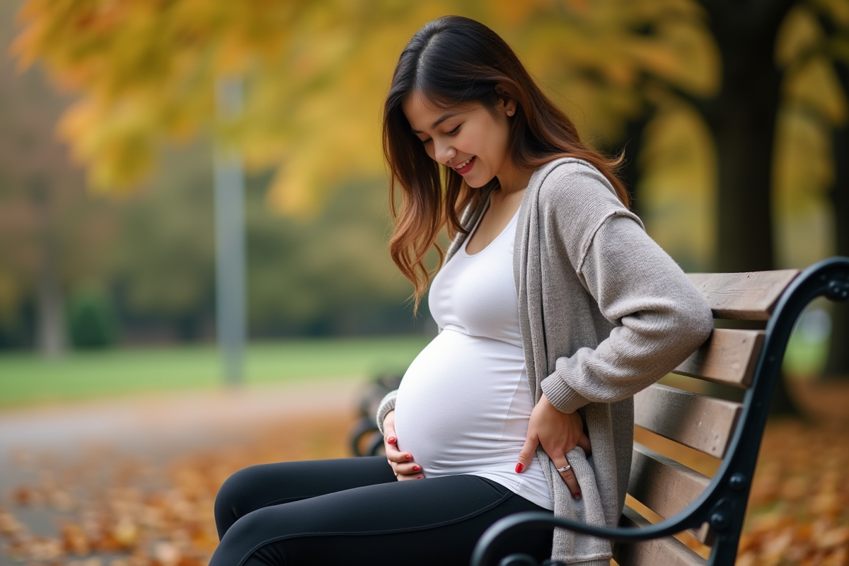 Femme enceinte assise dans un parc en automne se massant le dos