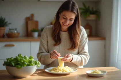 Femme enceinte râpant du parmesan dans la cuisine chaleureuse