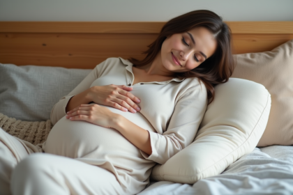 Femme enceinte relaxant dans son lit avec coussin de grossesse