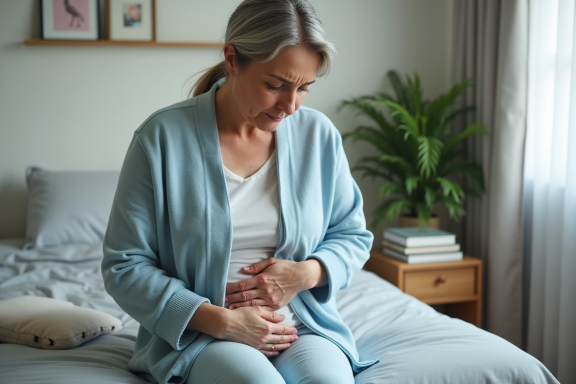 Femme d'âge moyen assise sur le lit avec une expression réfléchie
