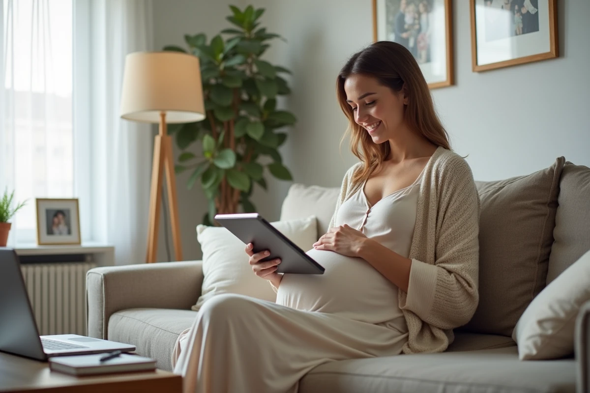 Femme enceinte lisant dans un salon cosy avec ordinateur et carnet