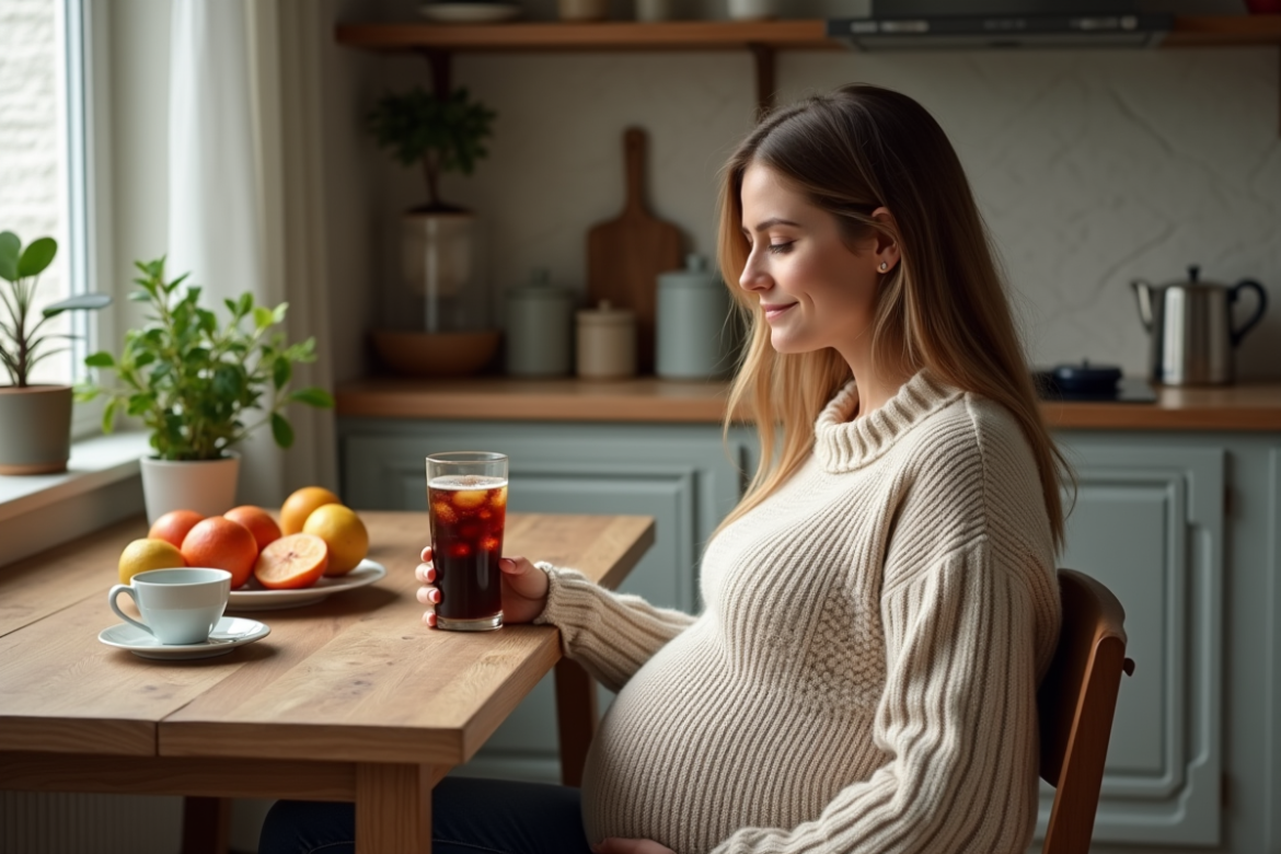 Femme enceinte dans la cuisine tenant un soda gazeux