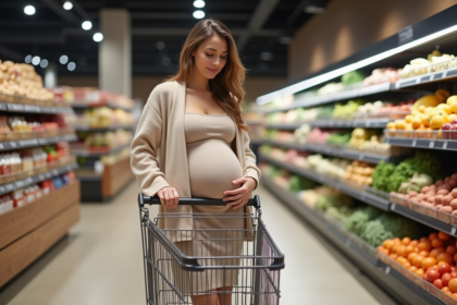 Femme enceinte poussant un chariot dans un supermarche moderne