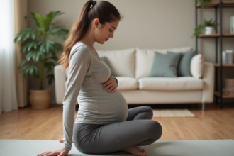 Femme enceinte en yoga dans un salon moderne