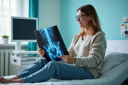 Femme examinant une radiographie pelvienne au lit d'hôpital