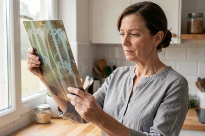 Femme tenant d'anciennes radiographies médicales devant une fenêtre dans une cuisine domestique