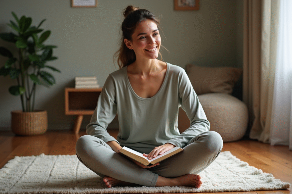 Femme assise en méditation chez elle avec un journal
