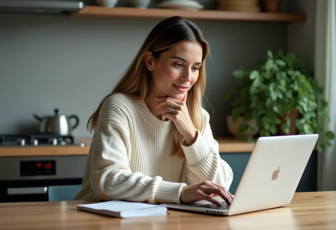Femme lisant un blog santé sur un ordinateur portable dans une cuisine moderne