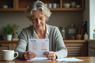 Femme lisant attentivement une liste de médicaments annotée à la table de sa cuisine, illustrant la compréhension des classes thérapeutiques