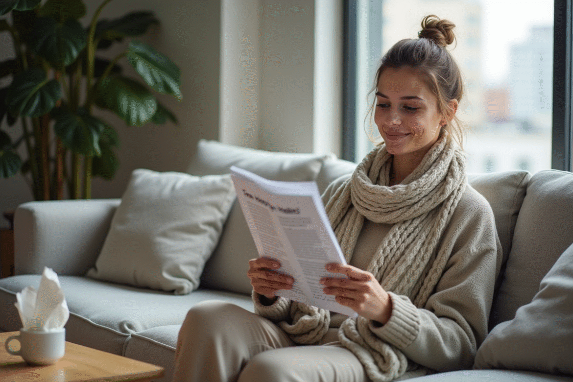 Jeune femme en loungewear lit un dépliant sur la santé