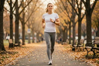 Femme sportive marchant 13 000 pas par jour dans un parc urbain en automne avec un tracker de fitness au poignet