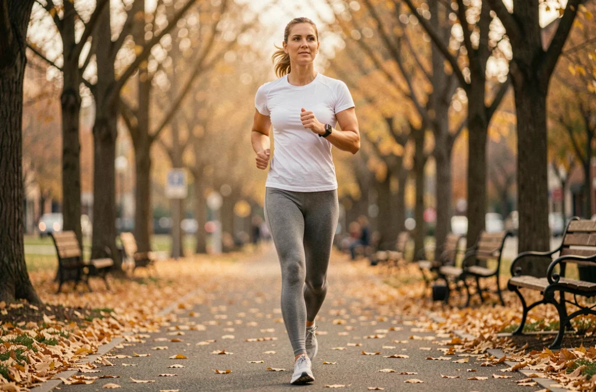 Femme sportive marchant 13 000 pas par jour dans un parc urbain en automne avec un tracker de fitness au poignet