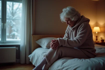 Femme âgée en pyjama d'hiver se massant la jambe à la maison