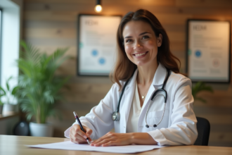 Femme enceinte à la réception d'une clinique chaleureuse